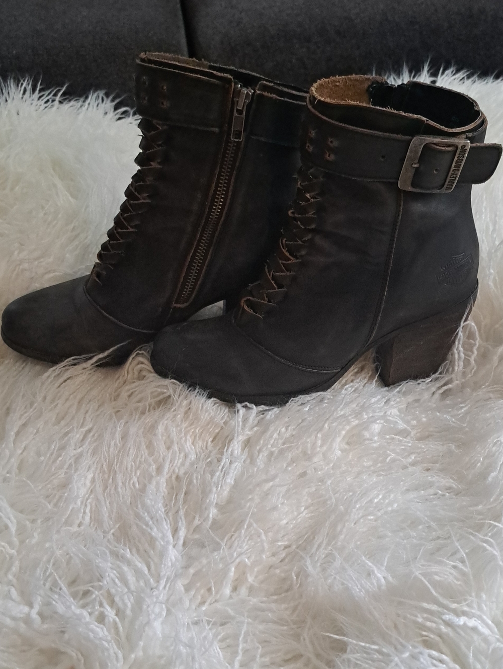 Harley-Davidson Dark Brown Lace-Up Ankle Boots with Buckle